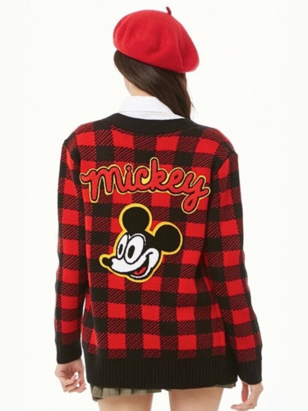 Disney x Forever 21 Mickey Mouse Buffalo Plaid Varsity Cardigan Sweater Medium - Picture 5 of 7